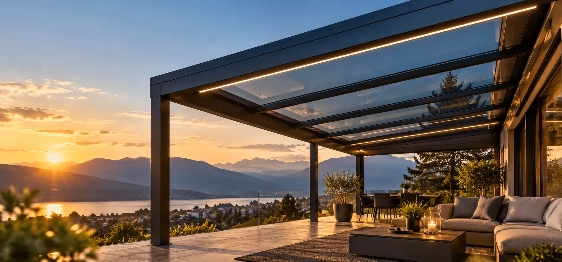 Visualisierung: Terrassenüberdachung aus Stahl und Glas mit warmem LED-Lichtprofil bei Sonnenuntergang, Blick über See und Berge