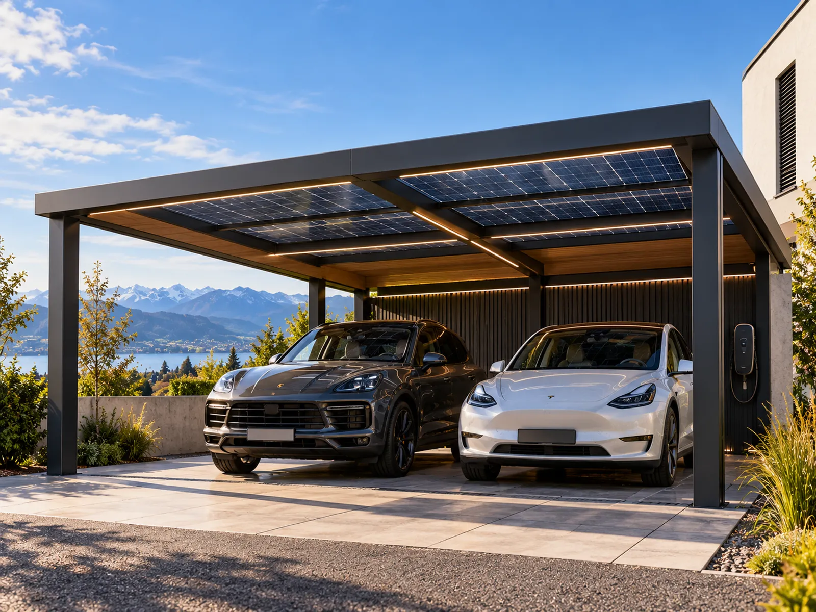 Visualisierung: Solar-Carport mit Photovoltaik-Dach, LED-Lichtprofil und Wallbox, darunter zwei Fahrzeuge