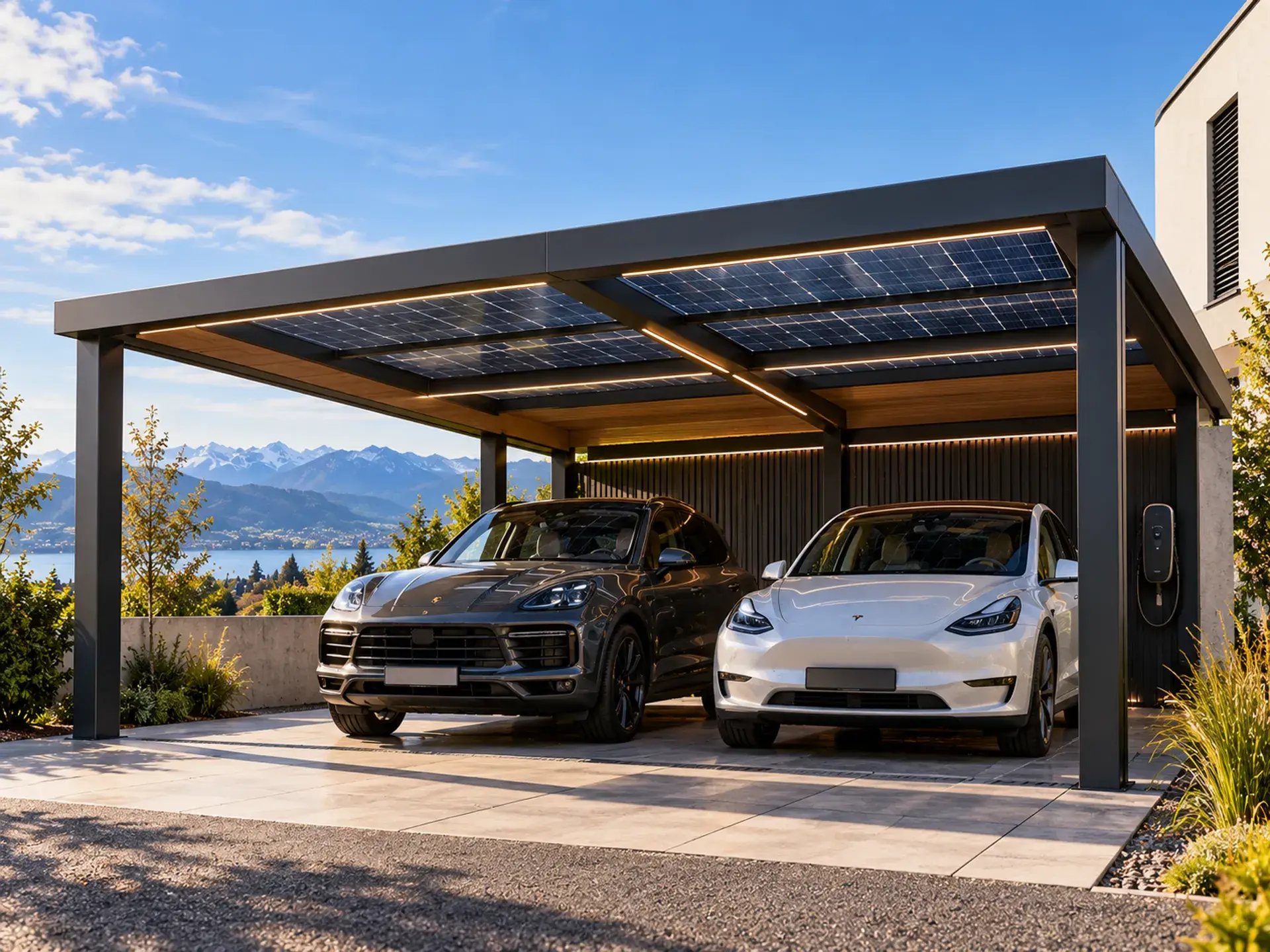 Visualisierung: Solar-Carport BEO Drive D2 Pro mit Photovoltaik-Dach, LED-Lichtprofil und Wallbox, darunter zwei Fahrzeuge