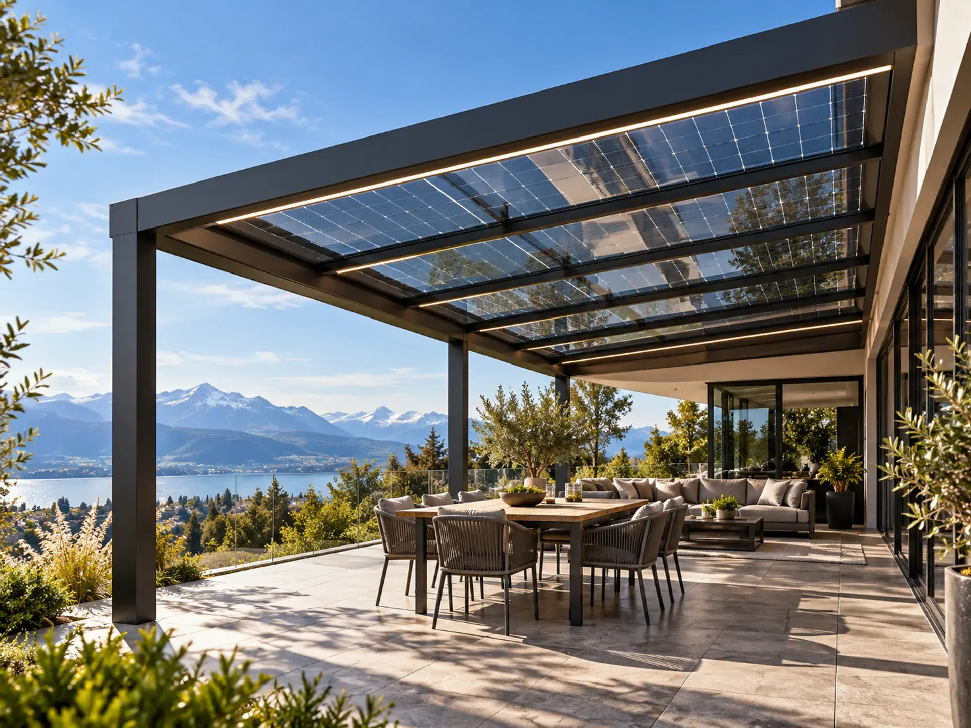 Visualisierung: Terrassenüberdachung mit Solar-Glasdach an einem Wohnhaus mit Bergsicht