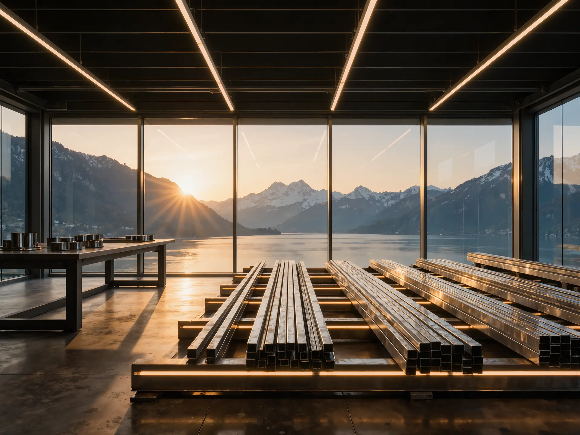 Visualisierung: Halle mit Stahlprofilen und grossen Fenstern mit Blick auf See und Berge