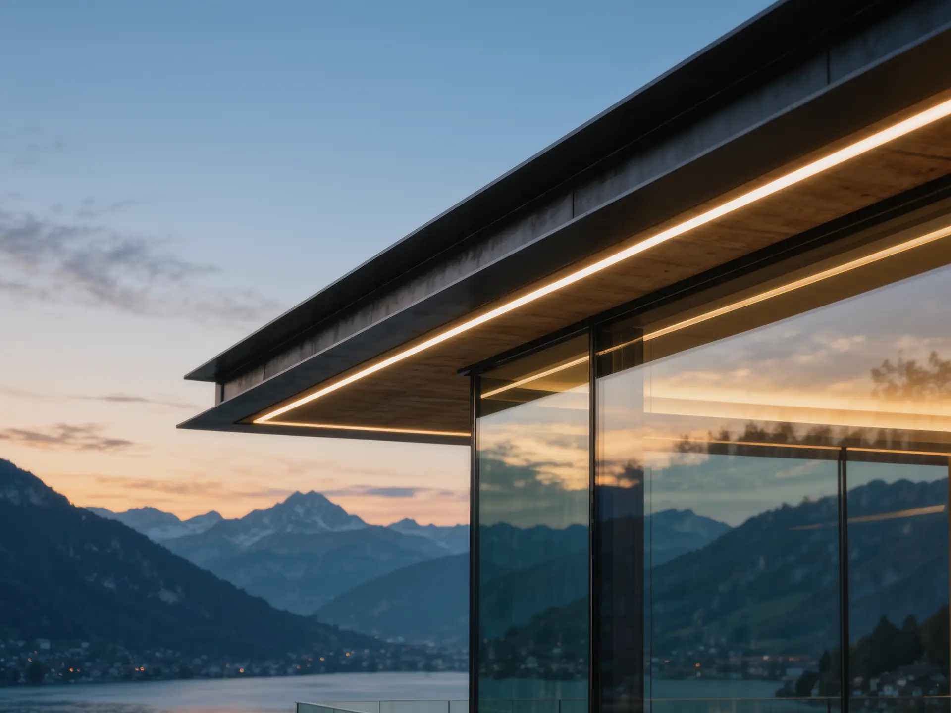Visualisierung: Dachkante aus Stahl und Glas mit warmem LED-Licht vor See und Bergen